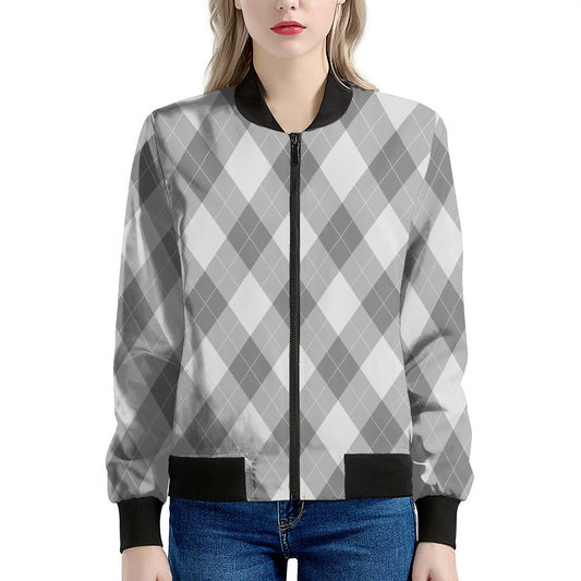 Grey Argyle Pattern Print Women's Bomber Jacket