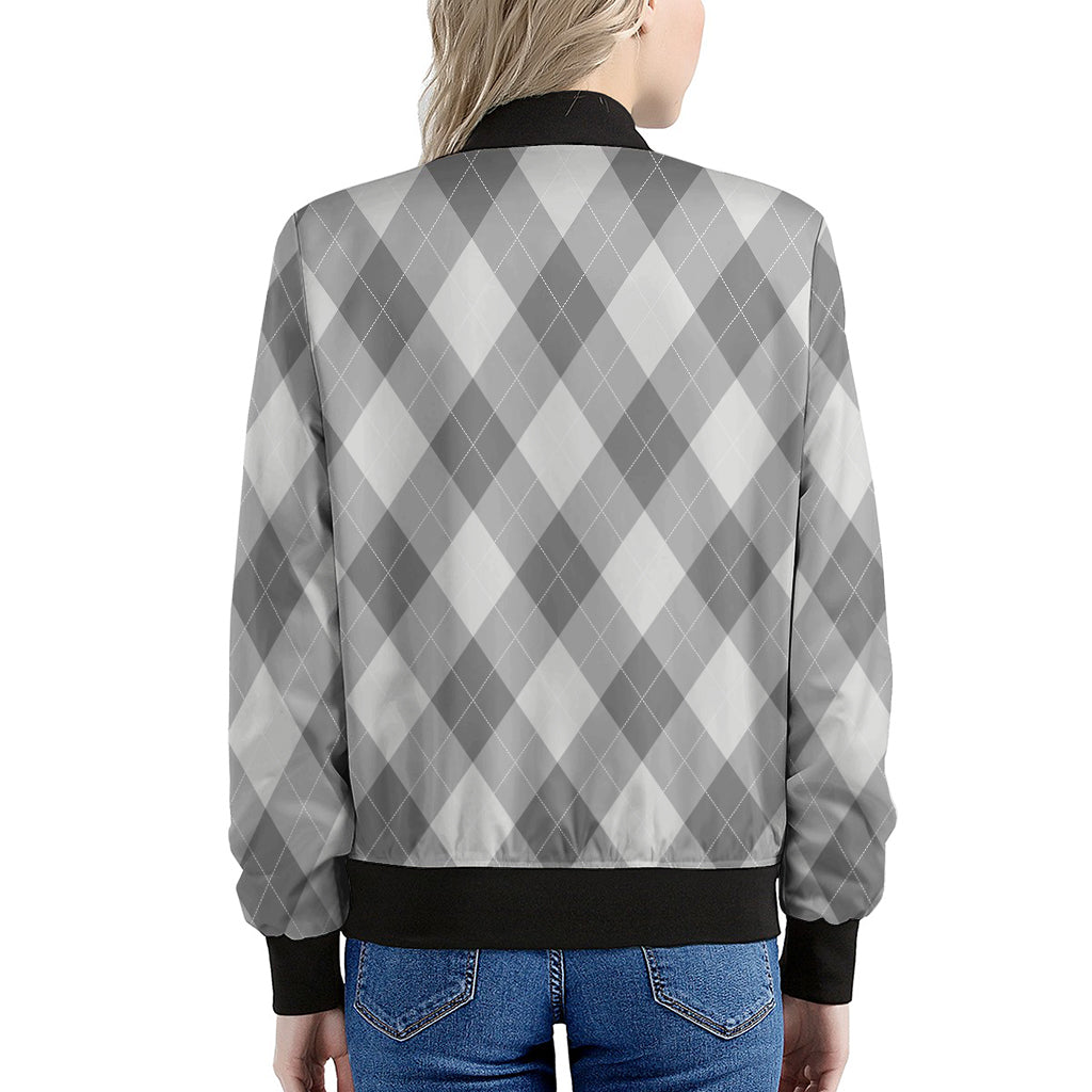 Grey Argyle Pattern Print Women's Bomber Jacket