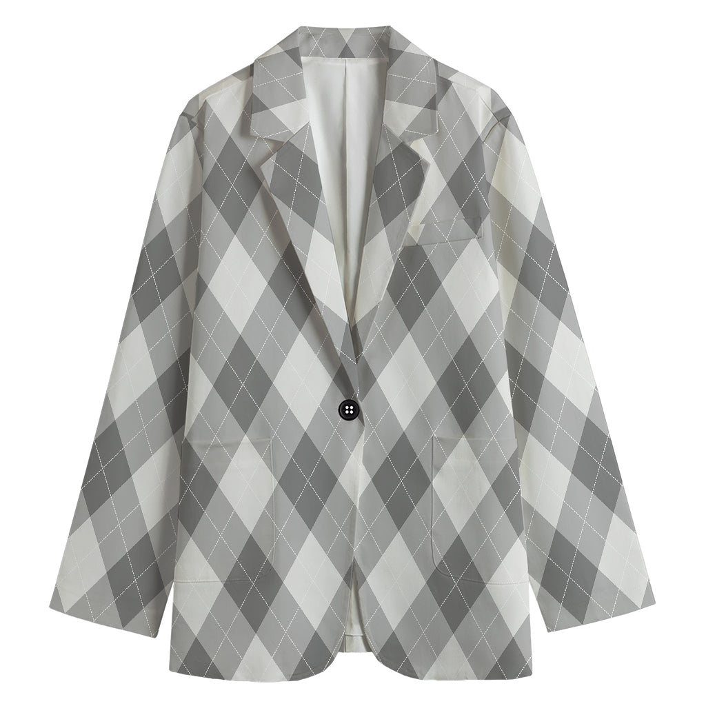 Grey Argyle Pattern Print Women's Cotton Blazer