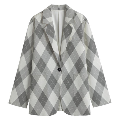 Grey Argyle Pattern Print Women's Cotton Blazer