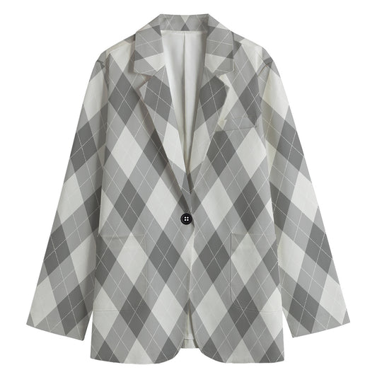 Grey Argyle Pattern Print Women's Cotton Blazer