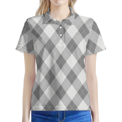 Grey Argyle Pattern Print Women's Polo Shirt
