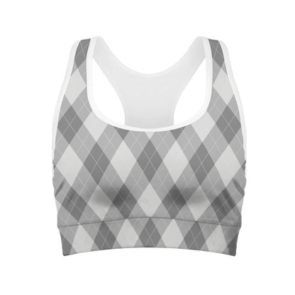 Grey Argyle Pattern Print Women's Sports Bra
