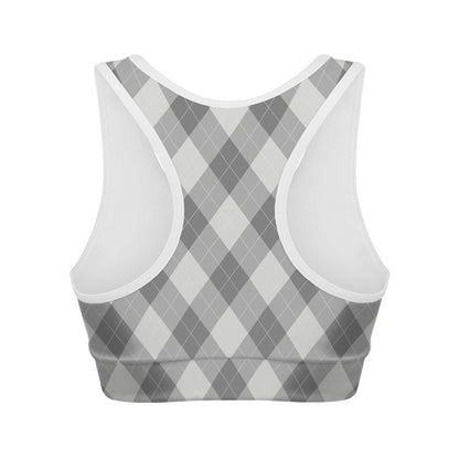 Grey Argyle Pattern Print Women's Sports Bra