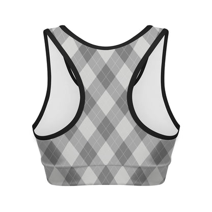 Grey Argyle Pattern Print Women's Sports Bra