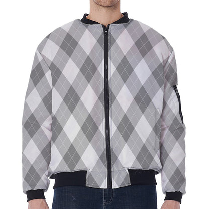 Grey Argyle Pattern Print Zip Sleeve Bomber Jacket