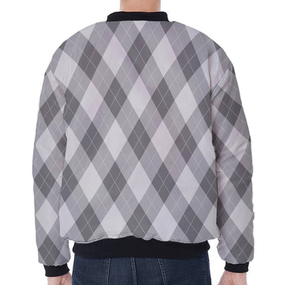 Grey Argyle Pattern Print Zip Sleeve Bomber Jacket