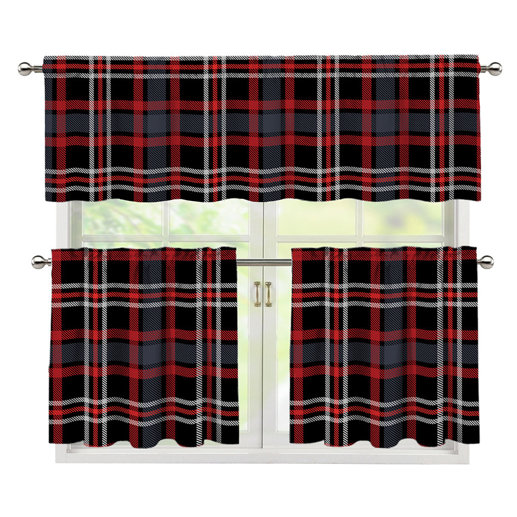 Grey Black And Red Scottish Plaid Print 3 Piece Kitchen Curtains