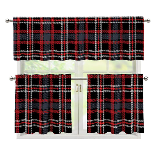 Grey Black And Red Scottish Plaid Print 3 Piece Kitchen Curtains