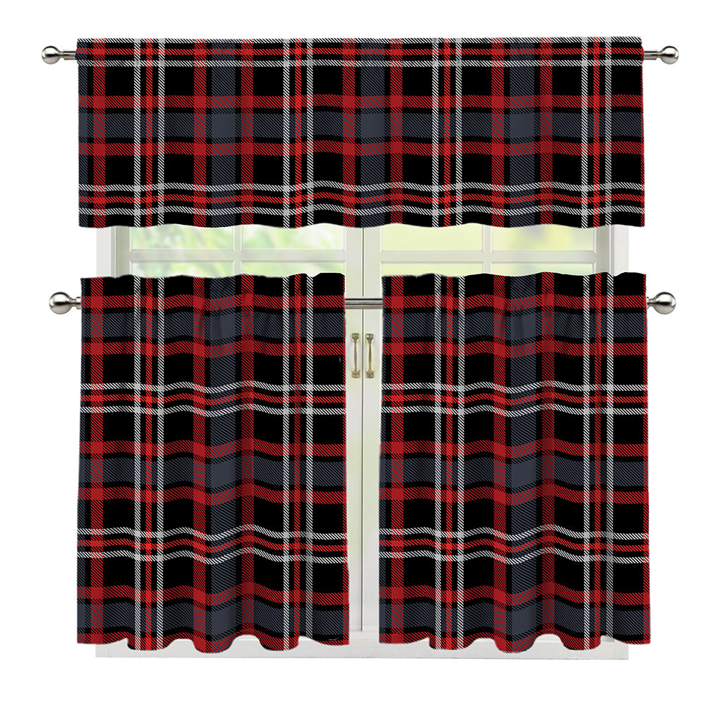 Grey Black And Red Scottish Plaid Print 3 Piece Kitchen Curtains