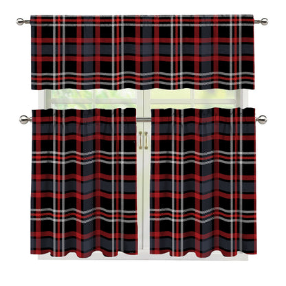 Grey Black And Red Scottish Plaid Print 3 Piece Kitchen Curtains