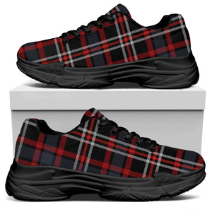 Grey Black And Red Scottish Plaid Print Black Chunky Shoes