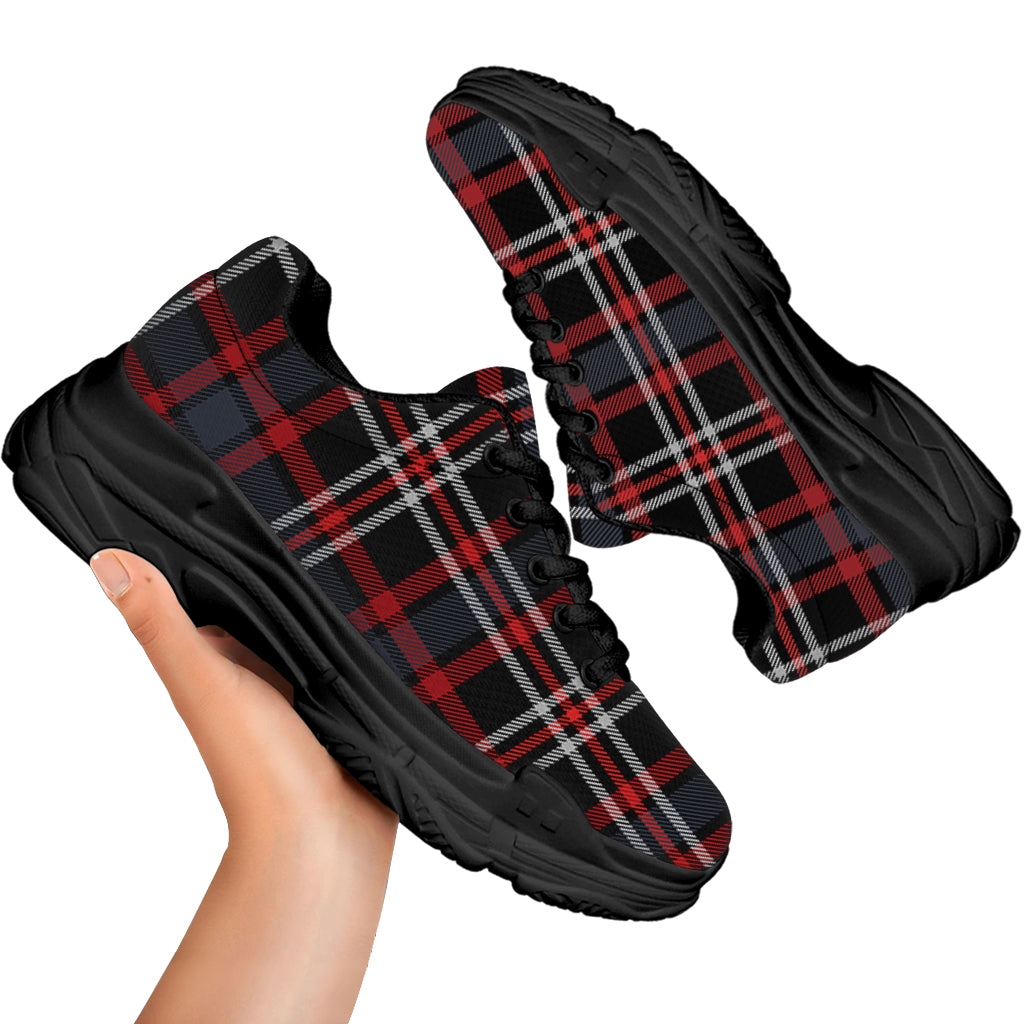 Grey Black And Red Scottish Plaid Print Black Chunky Shoes