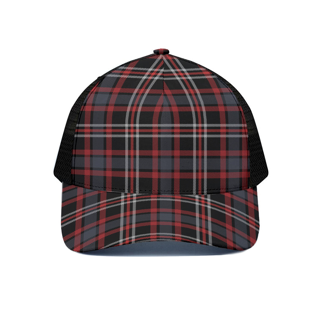 Grey Black And Red Scottish Plaid Print Black Mesh Trucker Cap