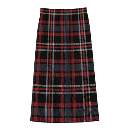 Grey Black And Red Scottish Plaid Print Cotton Front Slit Maxi Skirt
