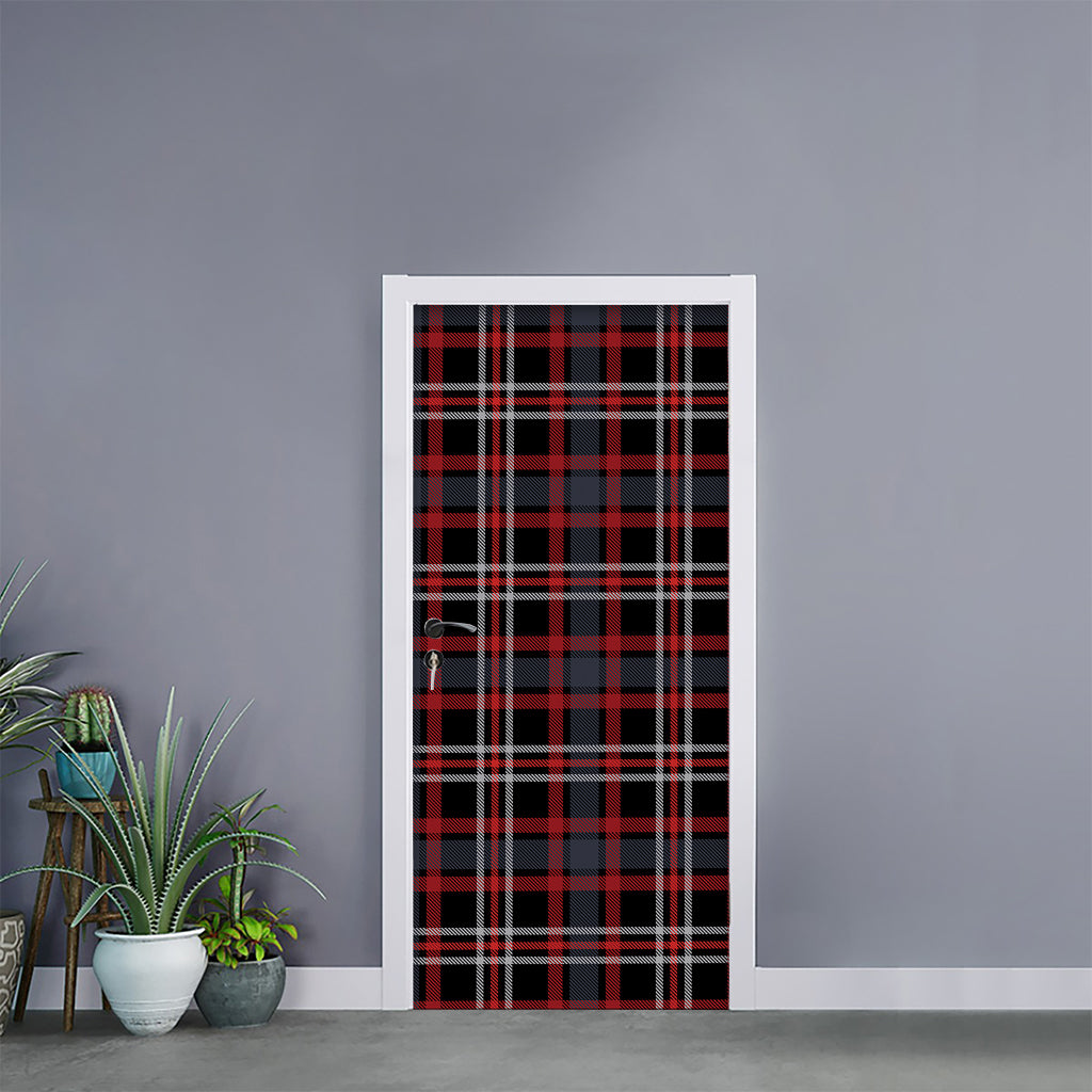 Grey Black And Red Scottish Plaid Print Door Sticker