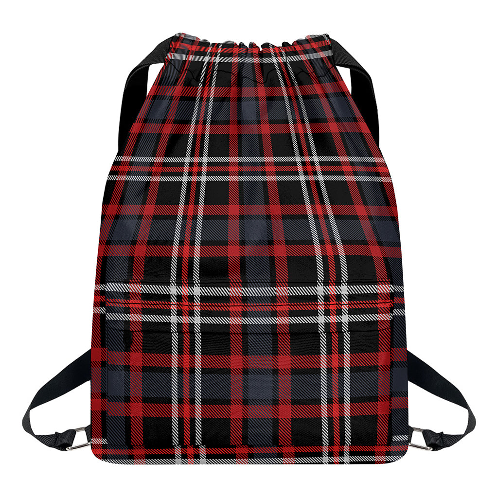 Grey Black And Red Scottish Plaid Print Drawstring Backpack