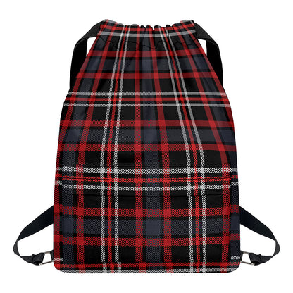 Grey Black And Red Scottish Plaid Print Drawstring Backpack