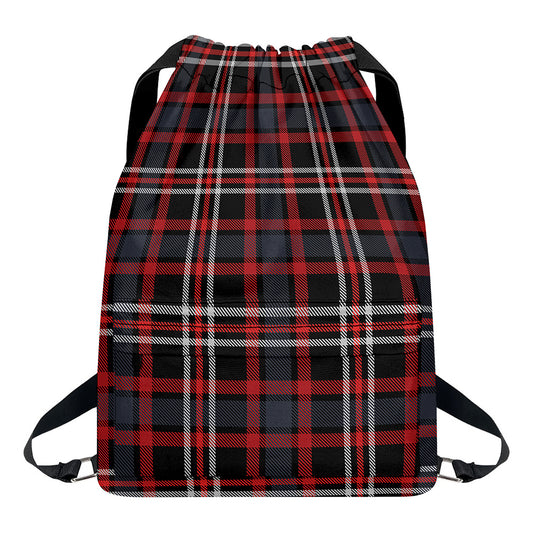 Grey Black And Red Scottish Plaid Print Drawstring Backpack