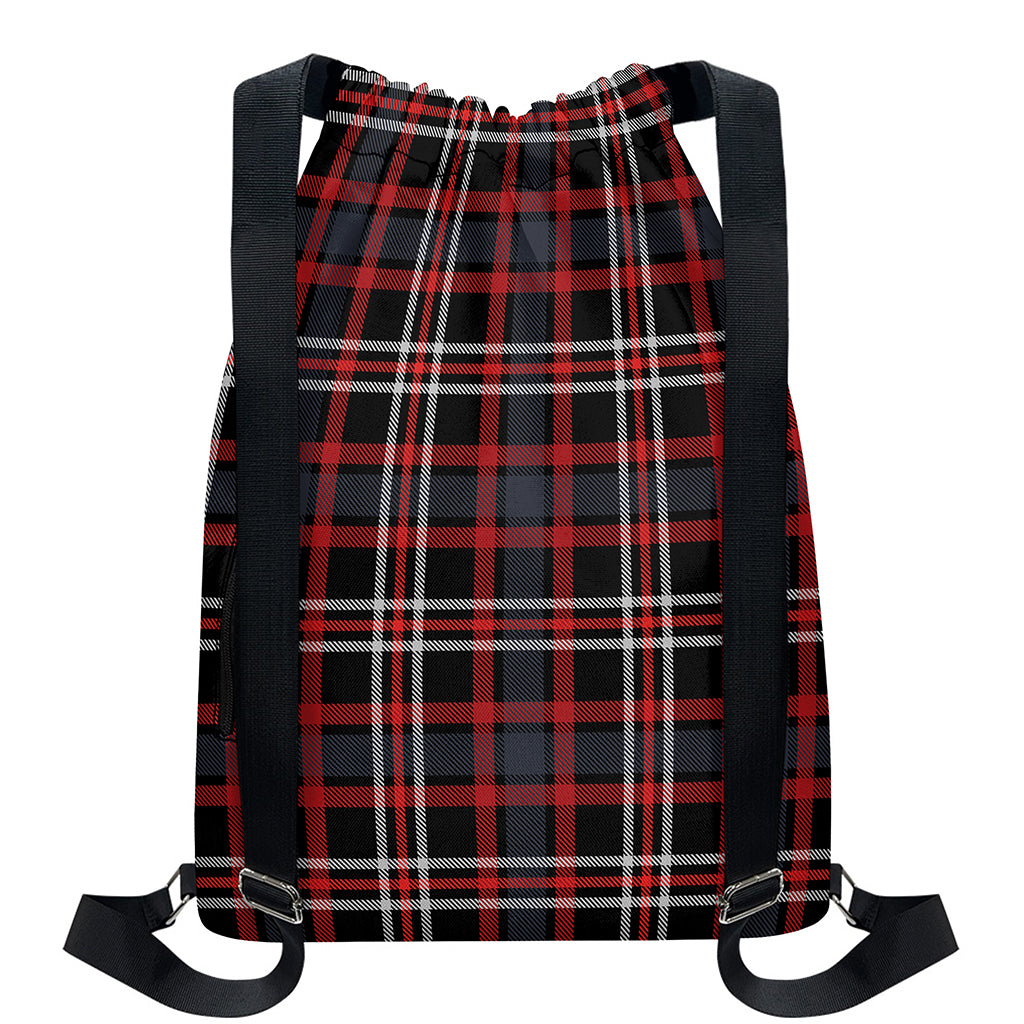 Grey Black And Red Scottish Plaid Print Drawstring Backpack