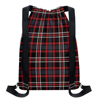 Grey Black And Red Scottish Plaid Print Drawstring Backpack