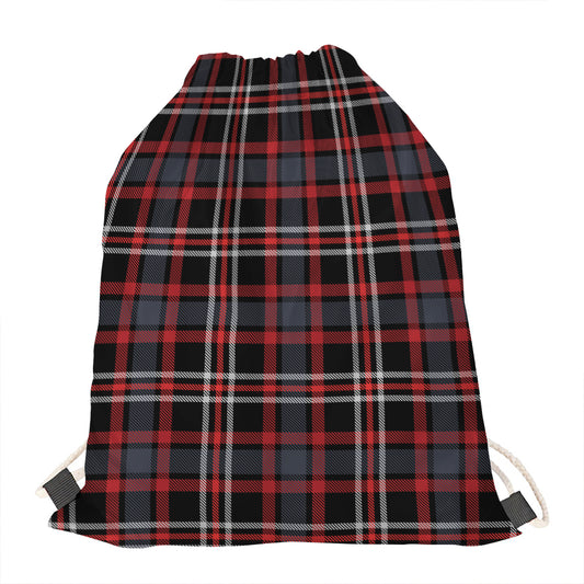 Grey Black And Red Scottish Plaid Print Drawstring Bag