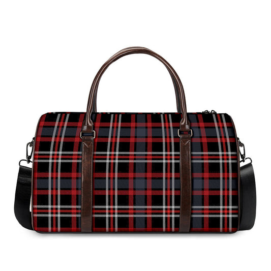 Grey Black And Red Scottish Plaid Print Duffle Bag