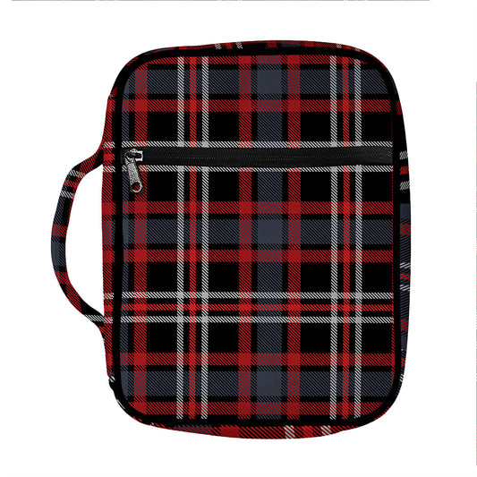 Grey Black And Red Scottish Plaid Print Front Pocket Bible Bag