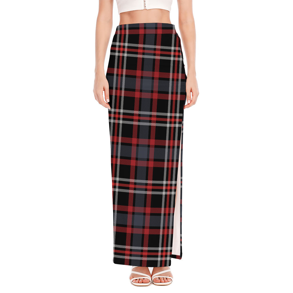 Grey Black And Red Scottish Plaid Print High Slit Maxi Skirt