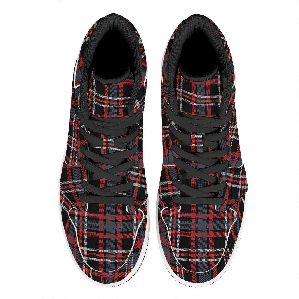 Grey Black And Red Scottish Plaid Print High Top Leather Sneakers