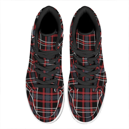 Grey Black And Red Scottish Plaid Print High Top Leather Sneakers