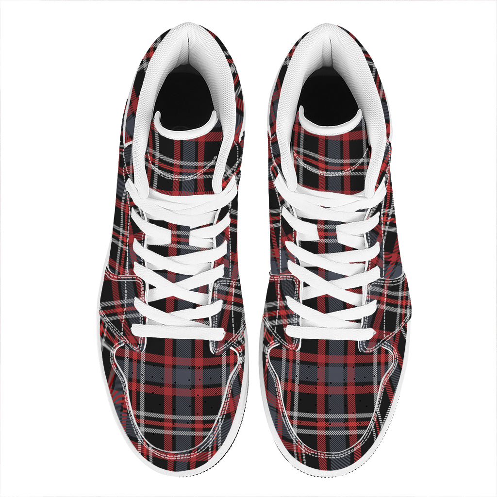 Grey Black And Red Scottish Plaid Print High Top Leather Sneakers