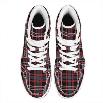 Grey Black And Red Scottish Plaid Print High Top Leather Sneakers