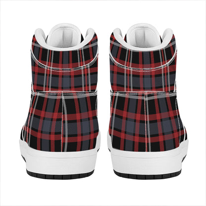 Grey Black And Red Scottish Plaid Print High Top Leather Sneakers