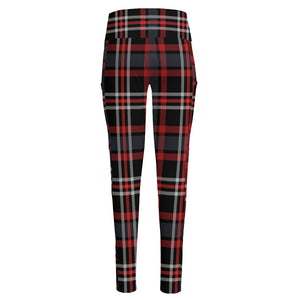 Grey Black And Red Scottish Plaid Print High-Waisted Pocket Leggings