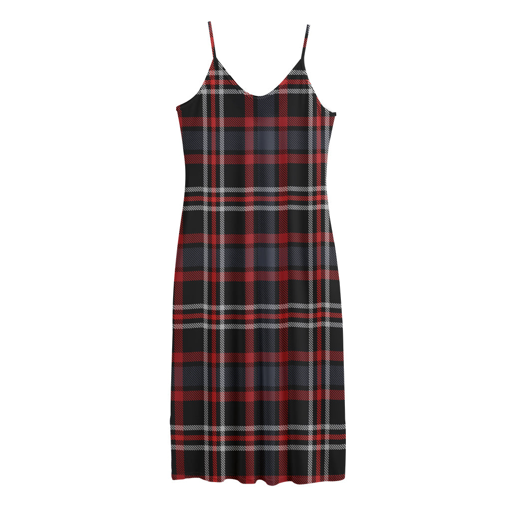 Grey Black And Red Scottish Plaid Print Jersey Midi Cami Dress