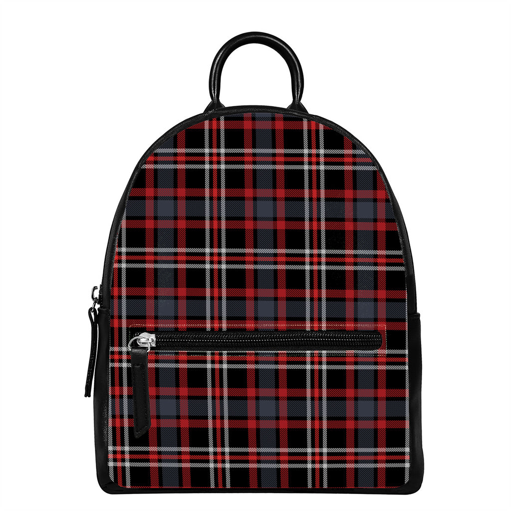 Grey Black And Red Scottish Plaid Print Leather Backpack
