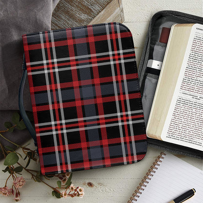Grey Black And Red Scottish Plaid Print Leather Bible Cover