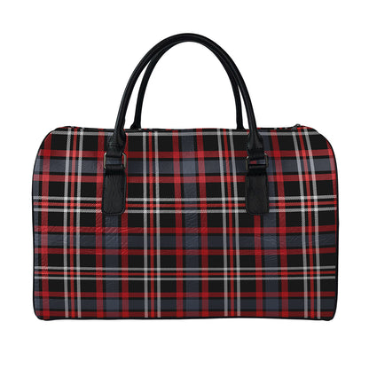 Grey Black And Red Scottish Plaid Print Leather Duffle Bag