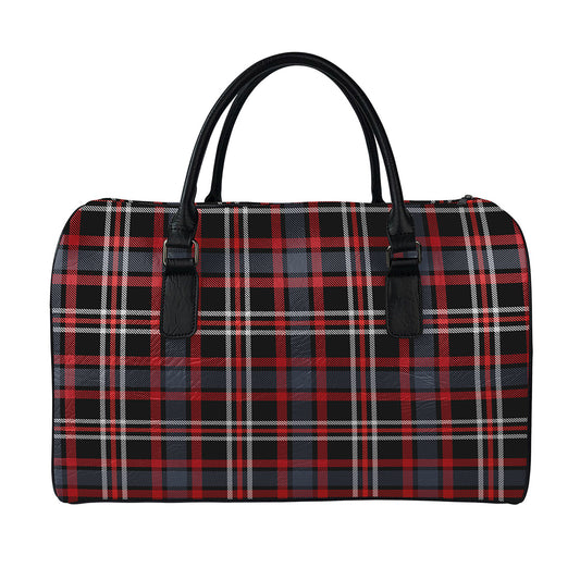 Grey Black And Red Scottish Plaid Print Leather Duffle Bag