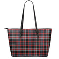 Grey Black And Red Scottish Plaid Print Leather Tote Bag With Zipper