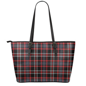 Grey Black And Red Scottish Plaid Print Leather Tote Bag