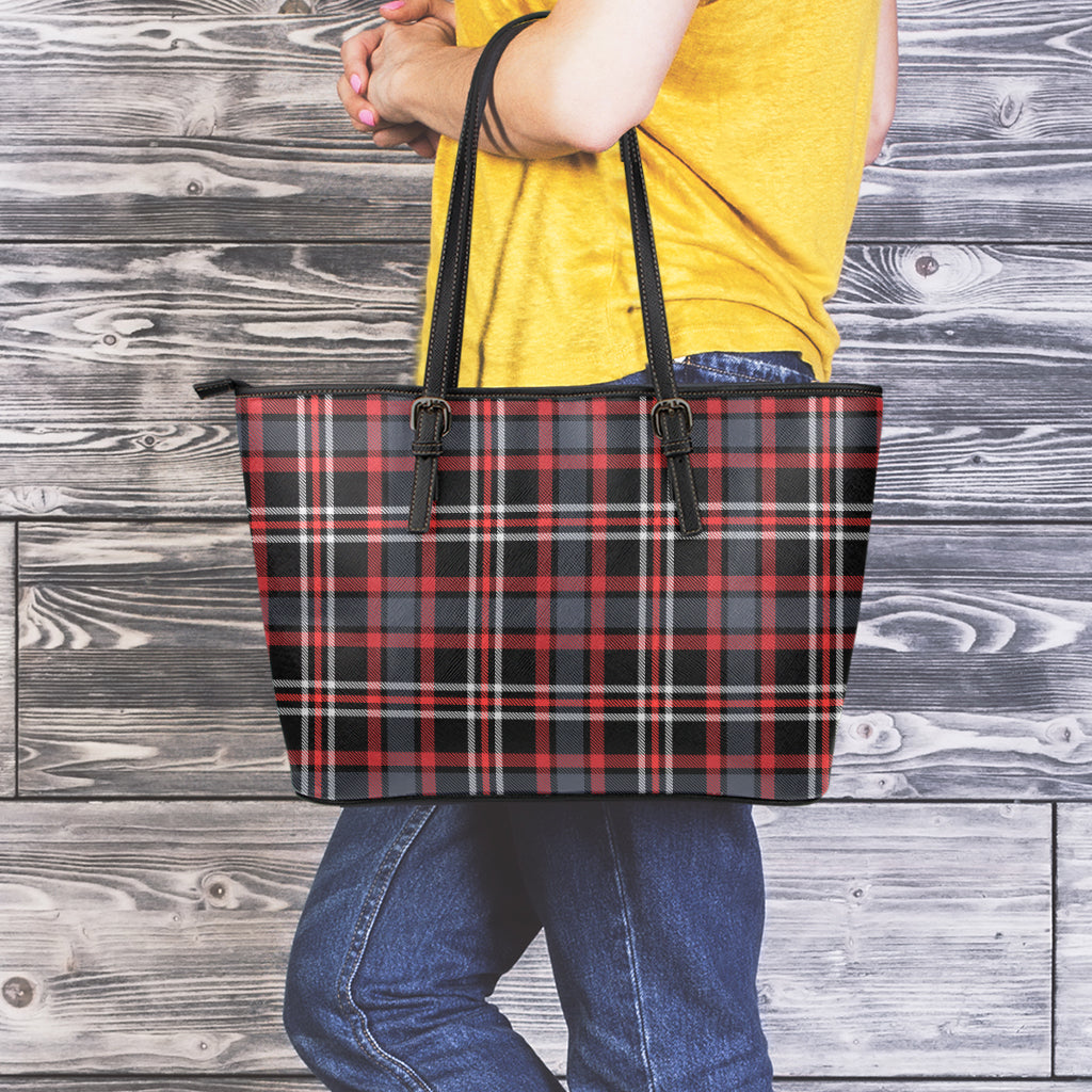 Grey Black And Red Scottish Plaid Print Leather Tote Bag