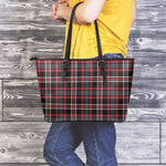 Grey Black And Red Scottish Plaid Print Leather Tote Bag