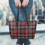 Grey Black And Red Scottish Plaid Print Leather Tote Bag