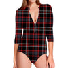 Grey Black And Red Scottish Plaid Print Long Sleeve Swimsuit