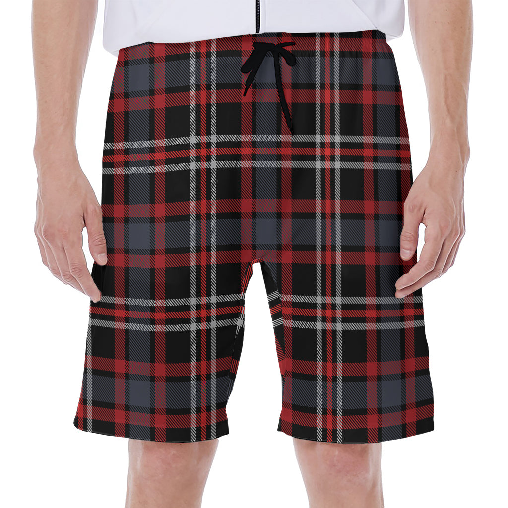 Grey Black And Red Scottish Plaid Print Men's Beach Shorts