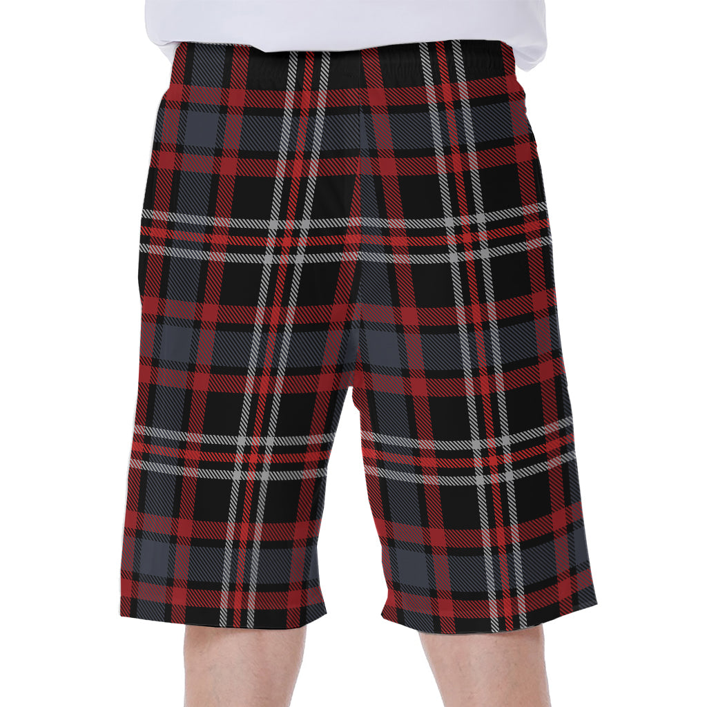 Grey Black And Red Scottish Plaid Print Men's Beach Shorts
