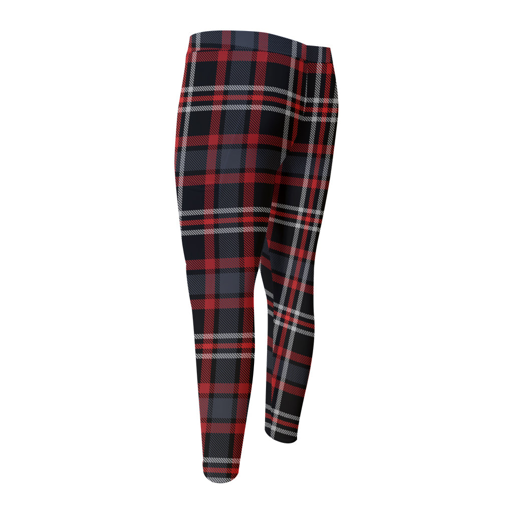 Grey Black And Red Scottish Plaid Print Men's Compression Pants