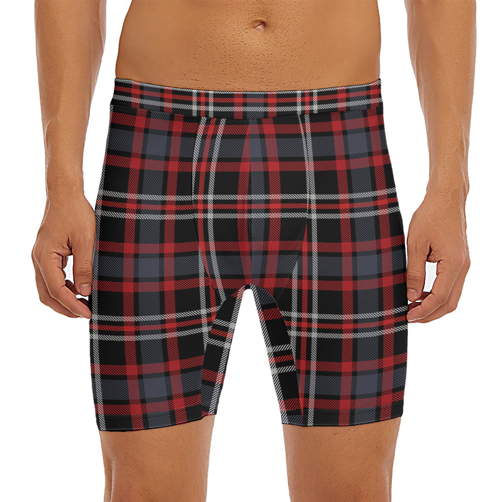 Grey Black And Red Scottish Plaid Print Men's Long Boxer Briefs
